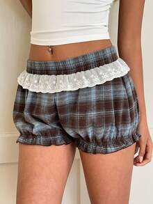 CovetEZ Quần short nữ kiểu dáng thường ngày, họa tiết kẻ caro, gấu quần xếp ly, cạp chun, thích hợp cho mùa hè. - Màu xanh lam - Xem 3