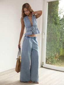 Sunnyshic 时尚休闲弹力腰浅色水洗阔腿牛仔裤 - 淺色水洗藍 - 查看 5