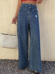DAZY Women's Pocket Button Casual Versatile Daily Wear Wide Leg Jeans - Blue - View 1