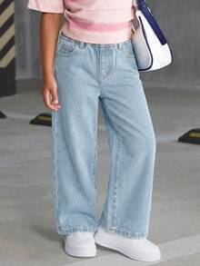 Girls' Versatile Fashion Distressed Straight Leg Blue Jeans - Light Wash - View 5