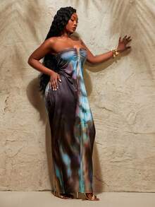 SHEIN SXY Plus Size Dark Blue Abstract Feather Print Strapless Ruched Maxi Dress,V-Shaped Metal Embellishment,Summer Holiday Vacation Night Out Club Bohemian - Multicolor - View 6