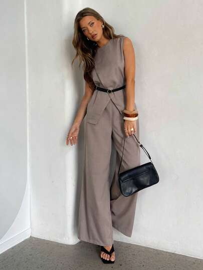 Aloruh Women's Elegant Crew Neck Sleeveless Fitted Suit Set For Commuting