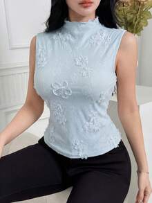 Feyla Áo tank top nữ thanh lịch cổ đứng thêu họa tiết, kiểu dáng ôm sát, thích hợp cho kỳ nghỉ hè. - Màu xanh lam - Xem 7