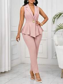 SHEIN Lady 无袖西装套装，优雅浪漫女士修身商务套装，秋冬季女士职业装 - 粉色 - 查看 8