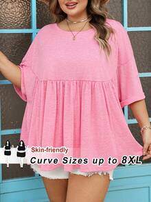 SHEIN CURVE+ Curve 尺码 US22 音乐节、海滨度假、波西米亚风女士超宽松弹力娃娃衫 T 恤 - 粉色 - 查看 4