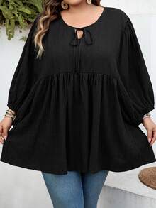 SHEIN CURVE+ Curve 尺码 US22 音乐节、海滨度假、波西米亚风女士纯色系带褶皱休闲百搭通勤灯笼袖衬衫 - 黑色 - 查看 8