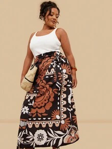 Travachic Plus Size Women's Solid Color Vest Patchwork Print Dress, Wrap Tie Waist Dress, Holiday Casual Beach Dress Plus Size Resort Wear - Multicolor - View 4