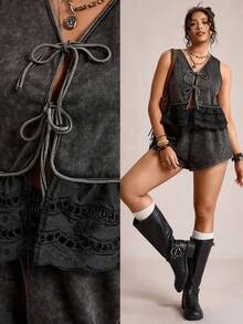 SHEIN LUNE Dark Green,Summer,Boho,Holiday Women's Plus-Size Cotton 2pcs Set:Snowflake Washed Babydoll Sleeveless Tie Front Peplum Top & Elastic Waist Shorts Set - Black - View 9