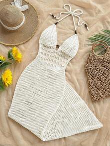 Soleia Women's Vacation Casual Backless Halter Knit Dress Crochet Maxi Dress Summer Maxi Dress Beach Maxi Dress Crochet Dress Vacation Dress In Fall/Winter - White - View 1