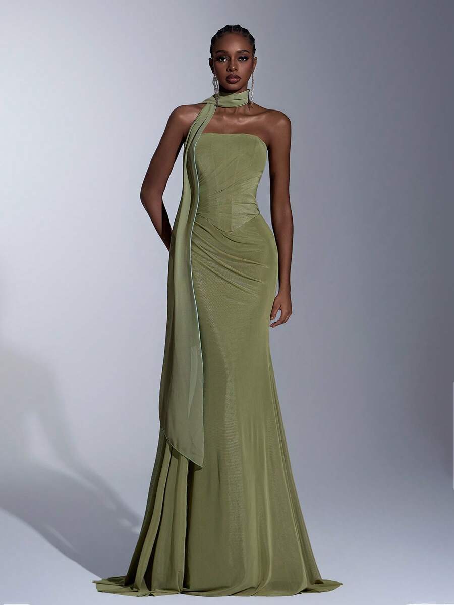 Elitara Elegant Chiffon Fabric Green Strapless Shaping Fishbone Low Waist Fishtail Pleated Side Drape Dress (Detachable, Multi-Wear) Halter Drape Suitable For Dates, Vacations, Weddings, Shopping, Daily Activities, Bridesmaid Dress