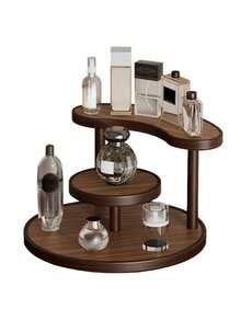 Vintage Solid Wood Vanity Skincare Storage Rack Multi-Tier Lipstick Perfume Cosmetics Organizer Suitable For Dining Table Countertops Teacups, Water Glasses, Coffee Mugs & Tea Sets Storage Home Double-Tier Shelf,Makeup Bag,Travel Essential - Walnut - View 5