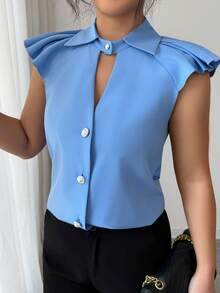 Elenzga Blue Sleeveless Pearl Button Summer Casual Hollow Out Lapel Blouse, Commuting & Daily Wear - Blue - View 1