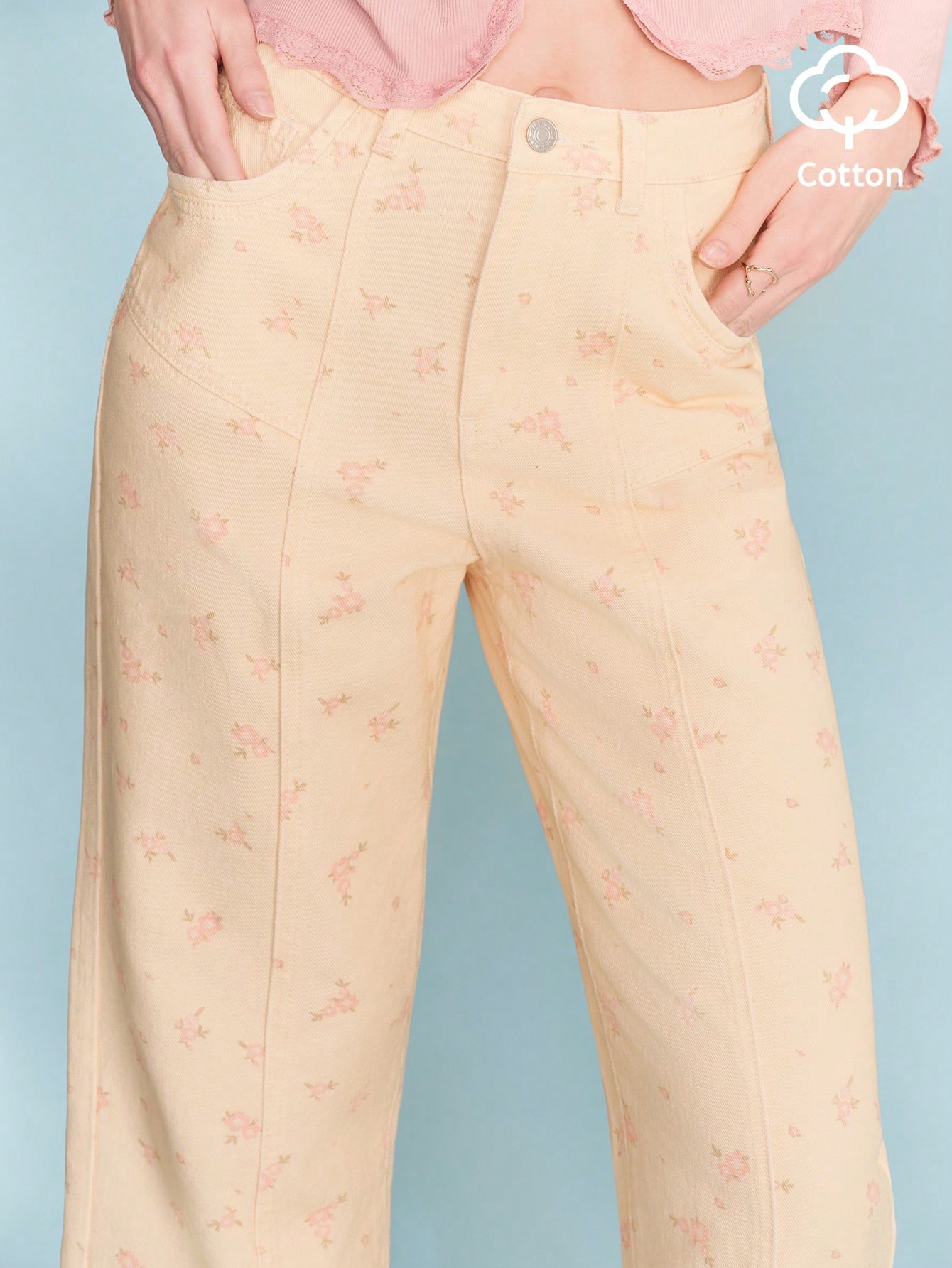 Pantalon taille haute à imprimé floral beige avec détails contrastants jaunes, printemps-été