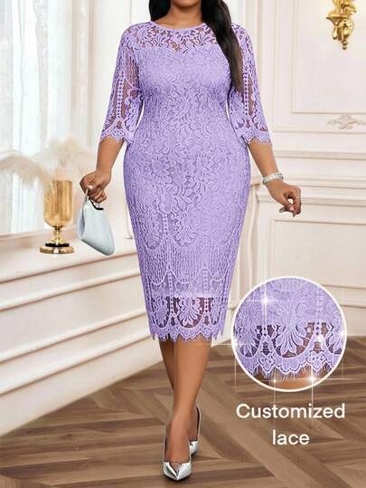 SHEIN Lady 大码紫色连衣裙，适合春、夏、秋、冬四季，优雅派对紫色蕾丝连衣裙，优雅派对礼服，婚礼宾客礼服，女士婚礼及活动礼服，女士曲线连衣裙，毕业/派对/婚礼