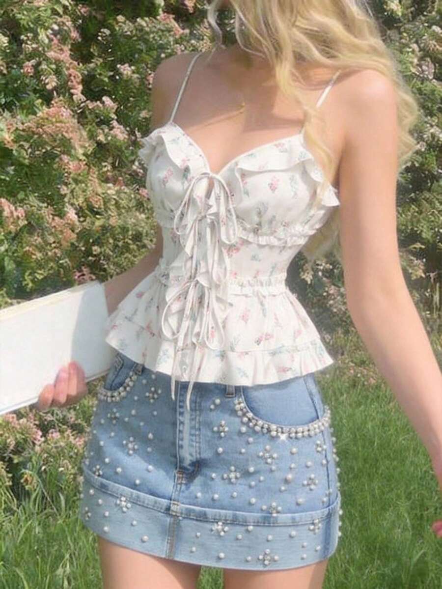 SHEIN MOD White Fabric Camisole Top, Delicate Floral Print, Pastel Pink And Blue Flowers, Adjustable Spaghetti Straps, Ruffled Edges, Front Lace-Up Detail, Peplum Hem, Lightweight Material, Breathable Texture, Soft Feel, Fitted Silhouette, Feminine Style - White - View 1