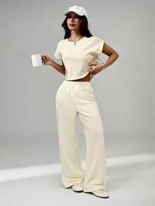 SHEIN PETITE Apricot T-Shirt And Pants Women's Loungewear Set, Suitable For Spring And Summer - Apricot - View 6