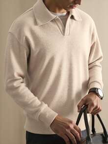 Manfinity Homme Áo polo dài tay nam màu trơn, kiểu dáng thường ngày, đa năng. - Màu Khaki - Xem 2