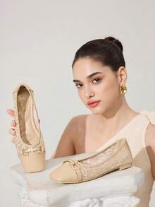 CUCCOO CHICEST 方头乐福鞋，软底，网眼拼接，搭扣装饰，时尚优雅百搭舒适平底杏色鞋 - 杏色 - 查看 6