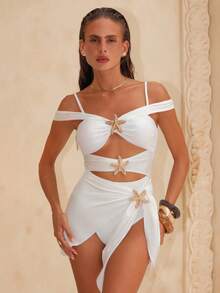 Swim Oasis Women One-Shoulder Solid Color Front Cutout Decor Tankini Two Pieces Swimsuit - White - View 4