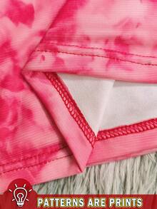 Sundraya Women's Tie-Dye Printed Knit Mesh Backless Faux Flower Vest With Bow Embellishment And Pleated Mini Skirt Set, Suitable For Parties, Dates, Afternoon Tea, The Beach, Carnivals, And Summer Wear. Pink Beach Set, Two Pieces Beach Outfit, Women's Beach Set, Pink Printed Beach Set, Beach Skirt Set. - Multicolor - View 7