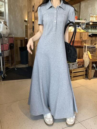 DAZY Rochie midi minimalistă, casual, cu dungi și nasturi, pentru petrecere