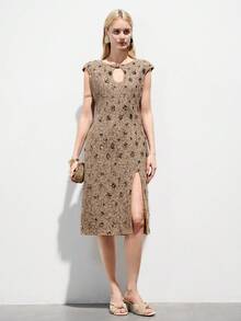 Aveloria Modichic 女士无袖粗花呢亮片刺绣镂空开衩中长连衣裙 - 咖啡棕 - 查看 7