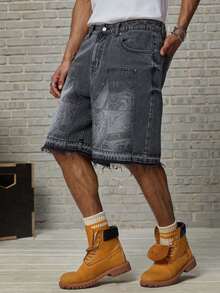 GALLERY FADE Young Street-Style Washed Black Slim Fit Straight Leg Denim Shorts With Anime Laser Print, Spring/Summer - Black - View 4