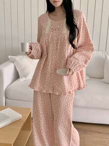 DAZY 甜美花卉蕾丝边饰荷叶边灯笼袖宽松女士睡衣套装 - 粉色 - 查看 11