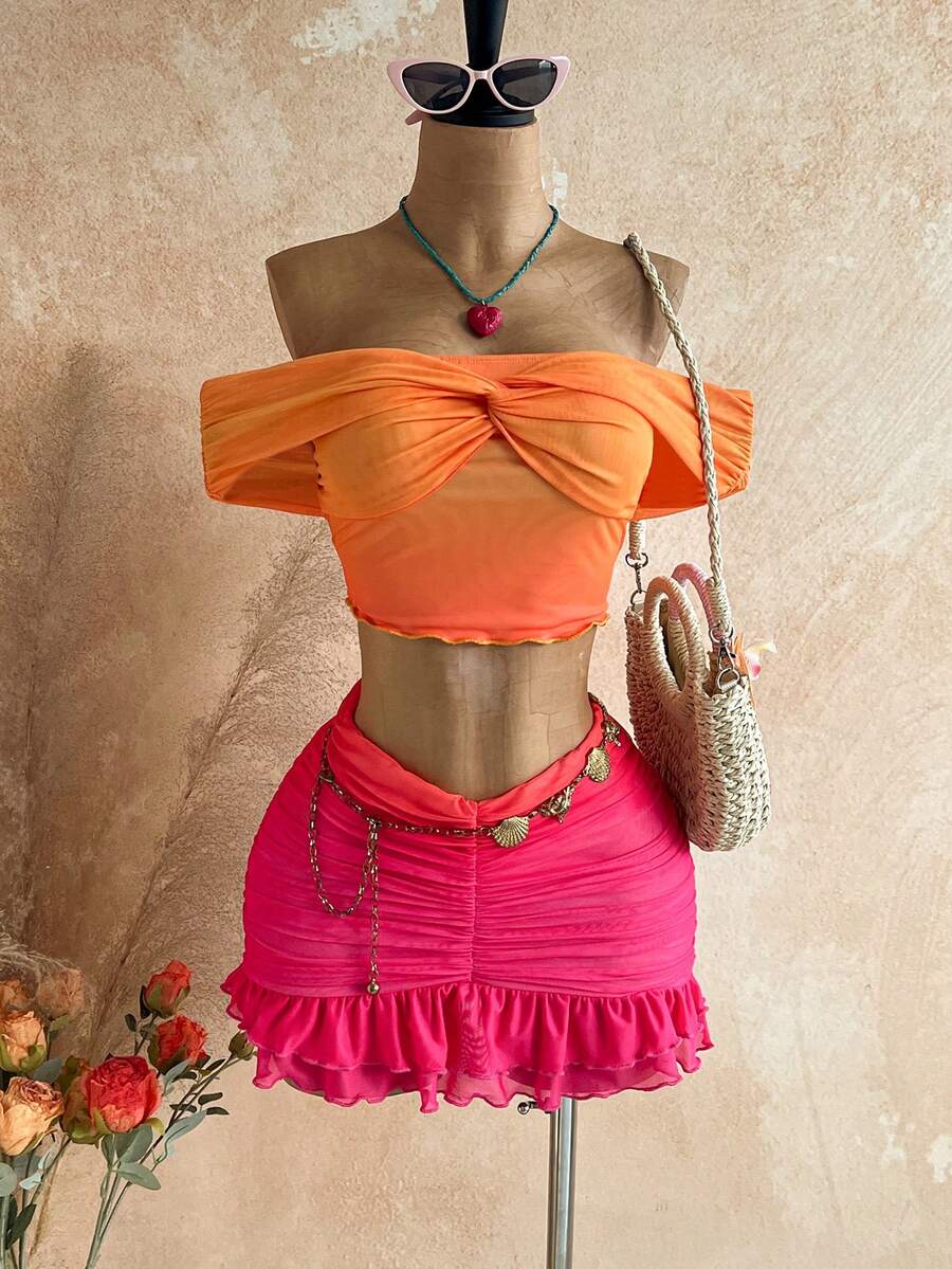 Soleia Top ajustado con hombros descubiertos y textura plisada + Falda ajustado con volantes en el bajo, ideal para vacaciones románticas, playa, , citas y momentos sexys - Naranja Quemada - Ver 1