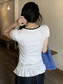 DAZY Women's Polka Dot Twist Ruched Fitted Casual T-Shirt - White - View 6