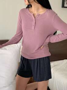 DAZY Solid Color Henley Neck Top And Loose Shorts Women Pajama Set - Purple - View 7