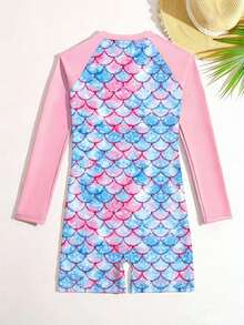 SHEIN 新款时尚大码女童连体泳衣，长袖短裤，前拉链设计，粉色多色美人鱼鳞片印花，连体泳装 - 彩色 - 查看 2