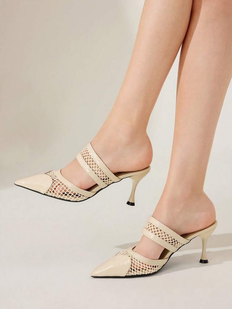 CUCCOO CHICEST Women's Pointed Toe High Heel Mules, Elegant Fashion Perforated Heart-Shaped Vamp Design, Glossy Apricot Patent Leather, Suitable For Date, Afternoon Tea, Work, Commute Wedding Shoes Spring Shoes Bride Shoes