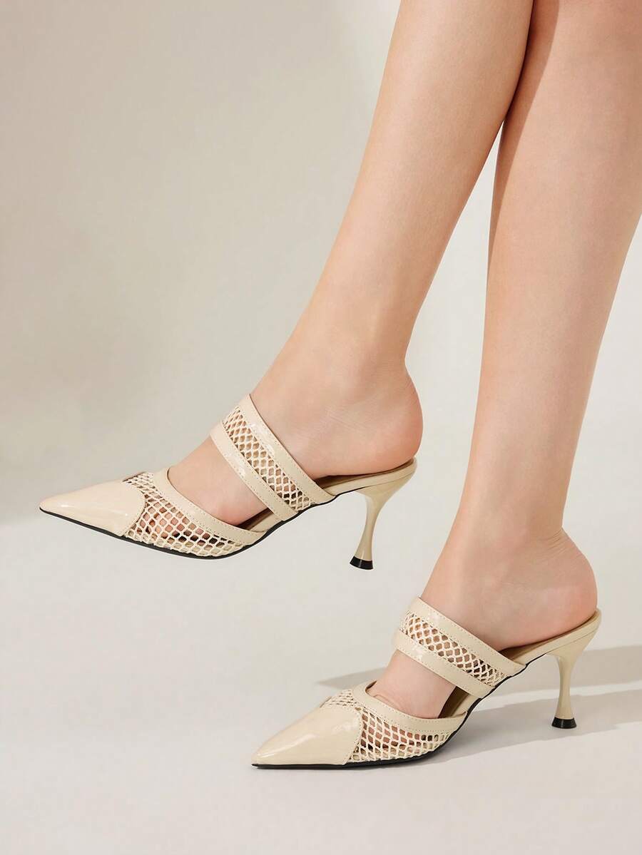 CUCCOO CHICEST Women's Pointed Toe High Heel Mules, Elegant Fashion Perforated Heart-Shaped Vamp Design, Glossy Apricot Patent Leather, Suitable For Date, Afternoon Tea, Work, Commute Wedding Shoes Spring Shoes Bride Shoes - Apricot - View 1