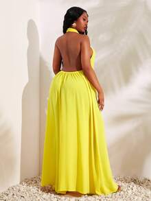 SHEIN SXY Bộ jumpsuit nữ cỡ lớn màu trơn, cổ yếm, dáng rộng, hở lưng, xếp ly, kiểu dáng thường ngày. - Màu vàng ngỗng - Xem 2