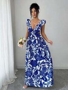 Elenzga 女士优雅无袖A字型蓝白碎花连衣裙，收腰设计，适合海滩、旅行、度假穿着 - 藍白色 - 查看 3