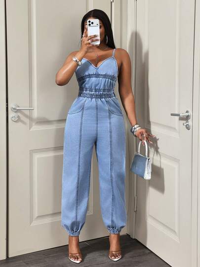Slaydiva Bộ áo liền quần denim nữ kiểu dáng thường ngày, chất liệu denim bạc màu.