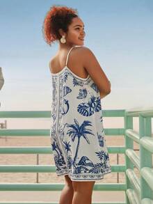 Travachic 大码热带印花系带吊带连衣裙，休闲度假风 - 藍白色 - 查看 2