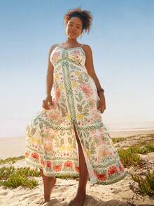 Travachic 大码女式热带植物印花连衣裙，吊带露腰宽松长裙，适合度假和日常穿着 - 彩色 - 查看 4