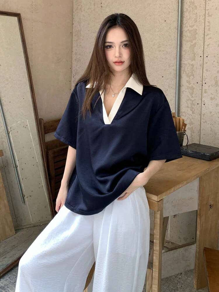 Women's Turndown Collar Color Block Short Sleeve Shirt Summer