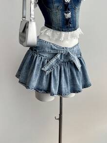 Elamini 女士打结腰部荷叶边下摆时尚牛仔短裙 - 藍色 - 查看 1