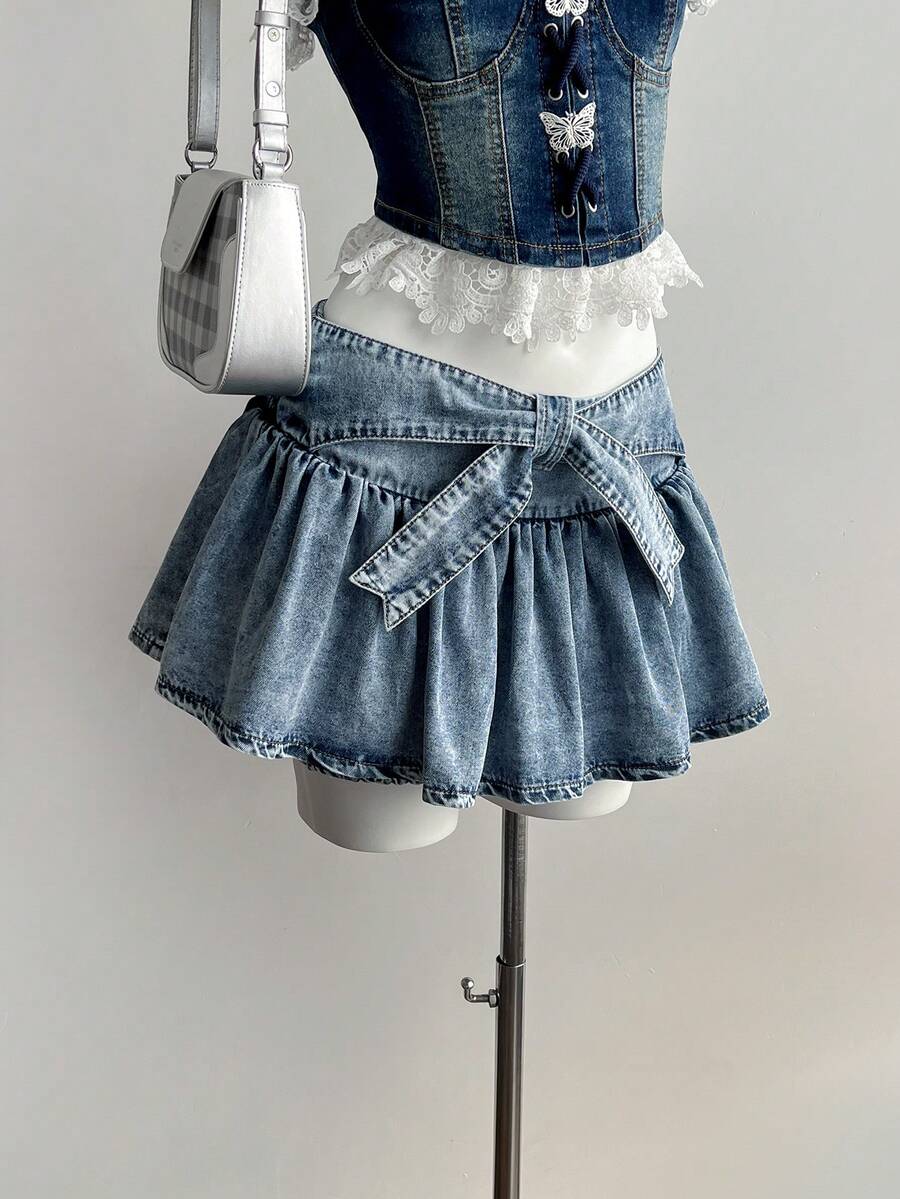 Elamini 女士打结腰部荷叶边下摆时尚牛仔短裙 - 藍色 - 查看 1