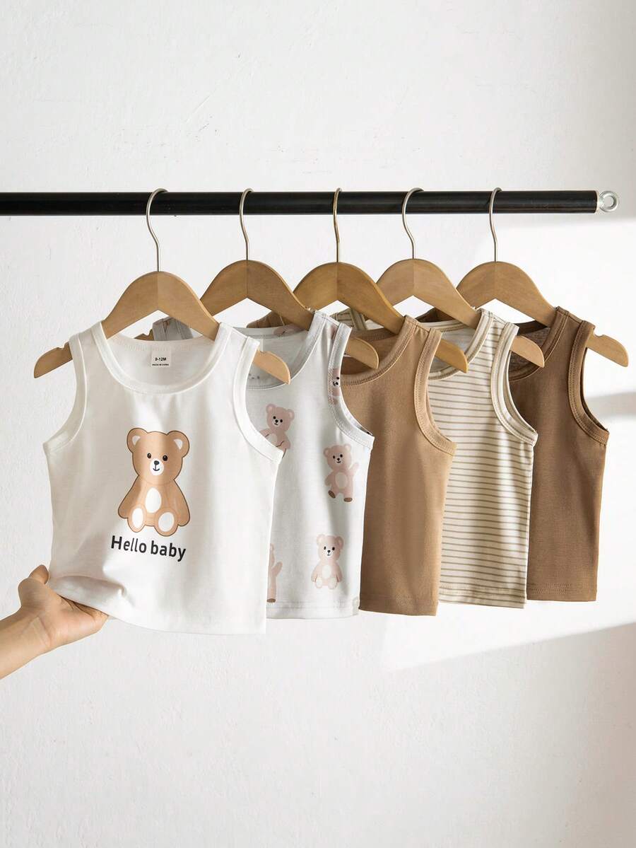 SHEIN Playful Pals 5件套休闲白色针织无袖背心，适合作为内搭，可用于户外活动、休闲穿着、旅行，适合6个月至3岁男婴。 - 彩色 - 查看 1