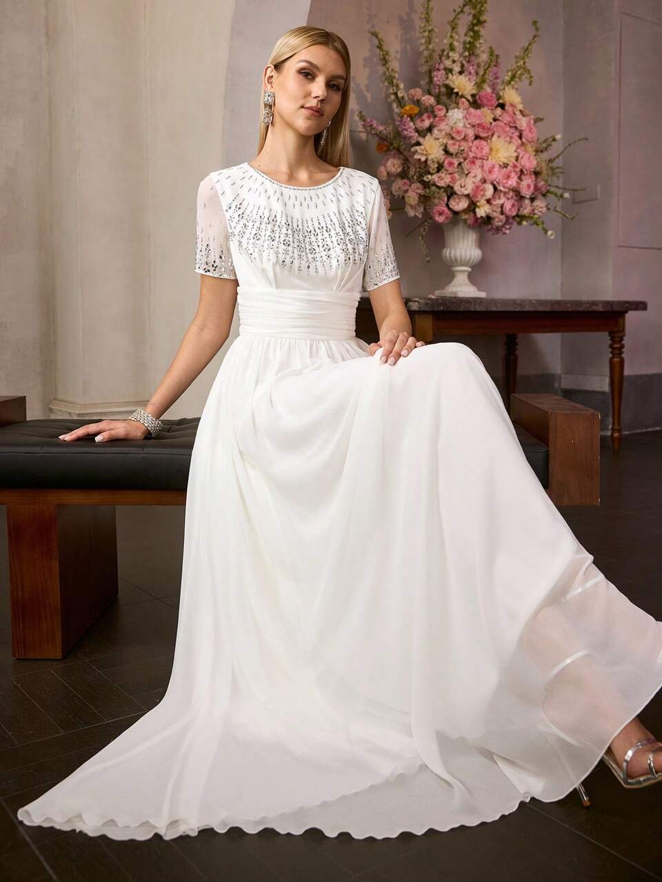 MOTF ELEGANT WHITE SHORT SLEEVE ROUND NECK MAXI PARTY GOWN FOR WOMEN, WITH RHINESTONE EMBELLISHMENTS ON CHEST & SHOULDERS
