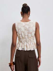 ATUI Studio 女士深V领贴花打结无袖优雅衬衫 - 白色 - 查看 4