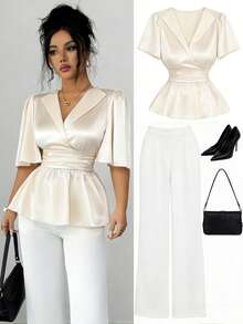 Elenzga 新款女士翻领褶皱前后腰部缎面荷叶边袖休闲衬衫，适合度假、日常穿着和工作场合。 - 杏色 - 查看 1