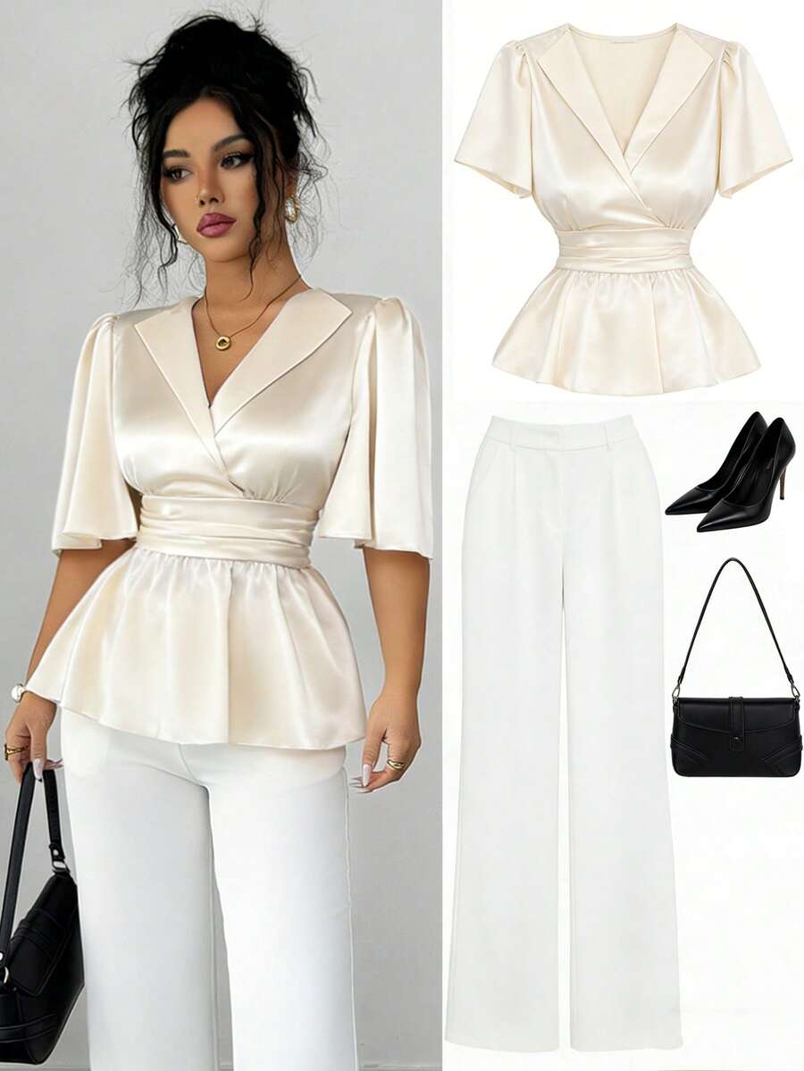 Elenzga 新款女士翻领褶皱前后腰部缎面荷叶边袖休闲衬衫，适合度假、日常穿着和工作场合。 - 杏色 - 查看 1