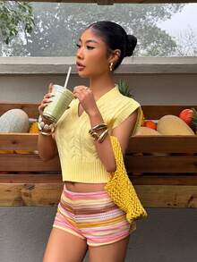 Sunnyshic 女士优雅时尚百搭新款黄色V领麻花针织可爱毛衣背心，春夏款 - 黃色 - 查看 4