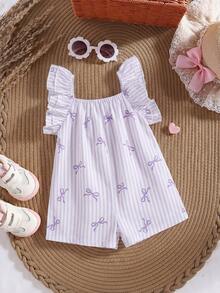 Baby Girl Summer Cute Light Purple & White Striped Bow Ruffle Trim Romper - Mauve Purple - View 1