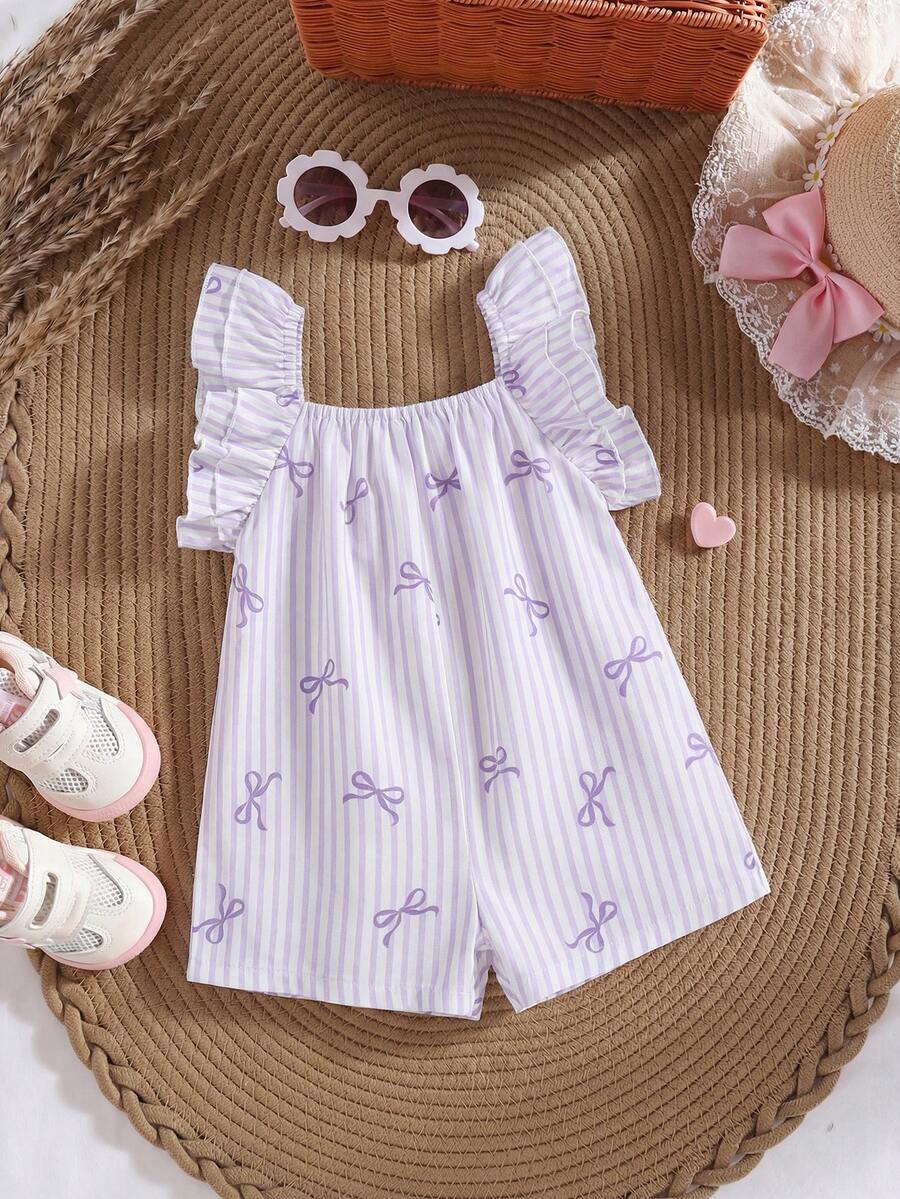 Baby Girl Summer Cute Light Purple & White Striped Bow Ruffle Trim Romper - Mauve Purple - View 1